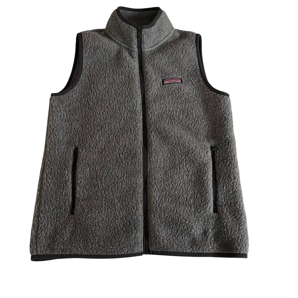 Vineyard Vines Mens XS Sherpa Fleece Vest Grey Full Zip Mock Neck Whale Logo